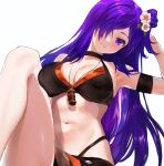  1girl bikini black_bikini breasts cleavage commentary fire_emblem fire_emblem:_three_houses fire_emblem_heroes fire_emblem_warriors:_three_hopes flower hair_flower hair_ornament hair_over_one_eye highres jewelry jurge large_breasts long_hair necklace official_alternate_costume purple_eyes purple_hair shez_(female)_(fire_emblem) shez_(female)_(summer)_(fire_emblem) shez_(fire_emblem) simple_background sitting smile swimsuit 