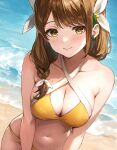  1girl absurdres armpit_crease beach bikini blush braid breasts brown_hair cleavage commentary curvy dot_nose fire_emblem fire_emblem_engage flower goldmary_(fire_emblem) hair_flower hair_ornament hair_ribbon highres jurge large_breasts light_smile looking_at_viewer mole mole_on_breast navel ribbon side_braid solo swimsuit water yellow_bikini yellow_eyes 