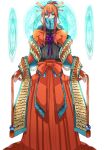  1boy black_sclera colored_sclera covered_collarbone deoxys deoxys_(normal) fingerless_gloves gloves hair_between_eyes hakama japanese_clothes katagiri_hachigou magic_circle male_focus orange_gloves orange_hair personification pokemon red_hakama scroll simple_background solo standing straight-on white_background yellow_eyes 