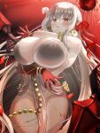  1girl absurdres armlet bare_shoulders belly_chain blush body_markings bracelet breasts cleavage collarbone colored_skin durga_(fate) earrings fate/grand_order fate_(series) gradient_skin grey_hair hair_ribbon highres hizakake huge_breasts jewelry long_hair looking_at_viewer open_mouth pelvic_curtain red_eyes red_skin revealing_clothes ribbon sash snake solo thighs thumb_ring very_long_hair weapon wide_hips 