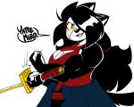  2023 4_fingers anaugi anthro biceps big_breasts black_body black_fur black_hair breasts canid canine canis cleavage cleavage_cutout clothed clothing domestic_dog eyeliner female fingers flexing flexing_bicep fur hachimitsu hair hi_res holding_object holding_sword holding_weapon japanese_text long_hair looking_at_viewer makeup mammal melee_weapon multicolored_body multicolored_fur open_mouth open_smile scar sharp_teeth simple_background smile solo sword teeth text tied_hair two_tone_body two_tone_fur weapon white_background white_body white_fur yellow_eyes 