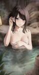  1girl black_hair blue_eyes blurry breasts covering covering_breasts depth_of_field hand_up highres idolmaster idolmaster_shiny_colors kazano_hiori long_hair looking_at_viewer marinesnow medium_breasts mole mole_under_mouth naked_towel open_mouth sitting solo steam towel water wet 