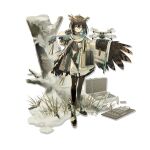  1girl arknights bird briefcase brown_hair drone feathered_wings feathers full_body glasses grass highres looking_at_viewer norizc official_art orange_eyes owl pantyhose round_eyewear scarf silence_(arknights) single_wing snow solo standing tree_stump winged_arms wings zipper 