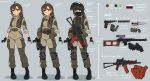  1girl aks-74u assault_rifle balaclava bayonet brown_hair fingerless_gloves front_ponytail gloves green_eyes gun height highres kalashnikov_rifle knee_pads military military_uniform ndtwofives original reference_sheet rifle russia russian_flag signature smile sniper_rifle soldier solo spetsnaz stechkin_aps suppressor tactical_clothes uniform vss_vintorez weapon 