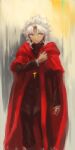  1boy amakusa_shirou_(fate) black_coat black_pants cape closed_mouth coat commentary_request cross cross_necklace expressionless fate_(series) feet_out_of_frame jewelry long_sleeves looking_to_the_side male_focus mogukk necklace pants parted_bangs red_cape shirt short_hair solo spiked_hair stole white_hair white_shirt yellow_eyes 