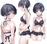  3girls back bikini black_bikini black_hair blue_eyes blush breasts earrings genderswap genderswap_(mtf) genshin_impact hair_between_eyes hair_ornament highres jewelry ma_d_k_89 medium_breasts multiple_girls navel scaramouche_(genshin_impact) short_hair stomach swimsuit white_background 