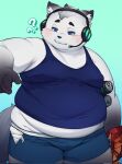  anthro blush bodily_fluids chips_(food) clothing crotch_lines food headgear headphones headset hi_res humanoid_hands male mammal monster_energy overweight overweight_anthro overweight_male partially_exposed_belly question_mark shirt simple_background solo sweat tail tearing_underwear tober_4 topwear undershirt underwear 