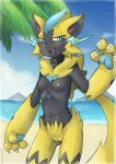  absurd_res anthro areola beach biped black_body blue_body blue_eyes blue_fur blush breasts female fur generation_7_pokemon genitals hi_res legendary_pokemon navel nintendo nipples pawpads pokemon pokemon_(species) pussy sealer4258 seaside solo yellow_body yellow_fur zeraora 