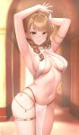  1girl absurdres armpits arms_up aura_(aurapls) bikini braid breasts brown_eyes brown_hair chain closed_mouth cowboy_shot dancer fire_emblem fire_emblem_engage gold goldmary_(fire_emblem) harem_outfit highres large_breasts looking_at_viewer mole mole_on_breast navel pelvic_curtain skindentation smile solo stomach swimsuit thighlet thighs white_bikini 