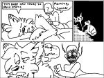  anon anthro bed bodily_fluids burned canid canine canis comic conner_(sketchytoasty) dialogue drooling electricity english_text fingers fur furniture human humor male male/male mammal monochrome narrowed_eyes on_bed saliva sequence sketchytoasty sleeping smile speech_bubble static text under_covers wolf 