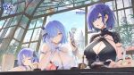  3girls azur_lane bare_shoulders blue_eyes blue_hair bracelet breasts catsmoon character_request cleavage cleavage_cutout closed_eyes closed_mouth clothing_cutout commentary copyright_name earrings english_commentary gloves hair_ornament hair_over_one_eye highres jewelry large_breasts multiple_girls official_art parted_lips short_hair short_sleeves sideboob smile upper_body white_gloves 
