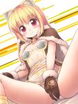  1girl animal_ear_fluff animal_ears bangs blonde_hair blush breasts brown_cape brown_dress brown_gloves cape cat_ears closed_mouth comiket_89 commentary_request covering covering_crotch dress emurin feet_out_of_frame fur-trimmed_cape fur-trimmed_gloves fur_trim gloves high_wizard_(ragnarok_online) highres long_hair looking_at_viewer panties ragnarok_online red_eyes short_dress small_breasts smile solo textless_version two-tone_dress underwear white_dress 