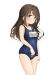  1girl blue_one-piece_swimsuit blush breasts brown_eyes brown_hair check_commentary collarbone commentary_request cowboy_shot idolmaster idolmaster_cinderella_girls kuwahara long_hair looking_at_viewer medium_breasts name_tag one-piece_swimsuit school_swimsuit shimamura_uzuki sidelocks smile solo swimsuit thighs white_background 