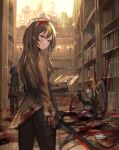  1girl absurdres blood blood_on_clothes blood_on_face blood_on_hands blood_on_weapon blood_splatter book bookshelf brown_eyes brown_hair chuhaibane hairband highres holding holding_book holding_sword holding_weapon library_of_ruina long_hair long_sleeves looking_at_viewer looking_back malkuth_(project_moon) pile_of_books project_moon red_hairband sword weapon 