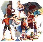  2boys :d ace_attorney aged_down animal antenna_hair apollo_justice arm_up bag bandaid bandaid_on_face bandaid_on_nose barefoot black_hair black_shorts blue_innertube blue_shorts blush bracelet brown_eyes brown_hair brown_shorts butterfly_net calico cat caterpie clay_terran clenched_teeth closed_eyes closed_mouth clothes_lift collared_shirt crossover cup drinking drinking_glass drinking_straw drooling electric_fan fanning_self fingernails flip-flops food from_behind front-tie_shorts green_shorts hand_fan hand_net hat headwear_request hi-fi_(fijazzy) highres holding holding_bag holding_food holding_popsicle hot indian_style jewelry lying male_focus midriff_peek mouth_hold multiple_boys multiple_views navel nipples nose_blush on_back open_mouth outstretched_arms paper_fan parted_lips pokemon polo_shirt popsicle print_shirt red_shirt red_tank_top sandals shirt shirt_lift short_hair short_sleeves shorts sitting sleeping sleeveless sleeveless_shirt smile spiked_hair standing sweat t-shirt tank_top tatami teeth teeth_hold topless_male uchiwa veranda white_shirt white_shorts 