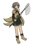  1other androgynous ascot black_socks brown_ascot butterfly_net closed_mouth coat green_shorts green_trim grey_eyes grey_hair hand_net holding holding_butterfly_net houlen_yabusame layered_sleeves len&#039;en long_sleeves other_focus short_hair_with_long_locks short_over_long_sleeves short_sleeves shorts simple_background smile socks solo white_background wings-of-magritte yellow_coat yellow_footwear 