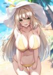  1girl :d bare_arms bare_shoulders beach bikini blonde_hair blue_archive blurry blurry_background blush breasts cleavage collarbone commentary_request green_eyes halo hat highres large_breasts large_hat liya long_hair looking_at_viewer nonomi_(blue_archive) nonomi_(swimsuit)_(blue_archive) ocean open_mouth outdoors partial_commentary side-tie_bikini_bottom sideboob smile solo swimsuit thigh_gap thighs water white_headwear yellow_bikini 