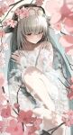  1girl absurdres bathing bathtub blue_archive blurry blurry_foreground blush censored cherry_blossoms closed_mouth coif crossed_bangs grey_hair hair_between_eyes halo hidulume highres long_hair nun partially_submerged petals petals_on_liquid red_eyes sakurako_(blue_archive) solo yellow_halo 