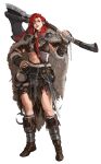  1girl abs absurdres armor axe boots cape choker earrings fur_trim highres jewelry leather_armor loincloth long_hair melcheritha muscular muscular_female ponytail red_eyes red_hair scar scar_across_eye skirt solo sword tattoo toned valheim vambraces weapon 
