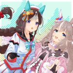  2girls absurdres animal_ears beret black_gloves blue_eyes bow bowtie braid breasts bridal_gauntlets brown_hair ear_covers gloves grey_hair hair_bobbles hair_ornament hat highres hokko_tarumae_(umamusume) horse_ears jacket long_hair long_sleeves looking_at_viewer multicolored_hair multiple_girls open_mouth pink_jacket purple_eyes skirt small_breasts smile solarisyuri! streaked_hair twin_braids umamusume upper_body white_headwear white_jacket white_skirt wonder_acute_(umamusume) 