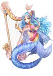  1girl blue_hair breasts bud_(znehgneh2) fins frills hair_ornament harp head_fins instrument long_hair mermaid monster_girl navel original scales simple_background solo wavy_hair white_background 