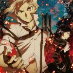  2boys absurdres akutagawa_ryuunosuke_(bungou_stray_dogs) album_cover ascot black_coat black_gloves black_hair black_necktie building bungou_stray_dogs closed_mouth coat collared_shirt cover cowboy_shot embers fingerless_gloves frown gloves gradient_hair hand_in_pocket highres long_sleeves looking_at_viewer male_focus multicolored_hair multiple_boys nakajima_atsushi_(bungou_stray_dogs) necktie official_art profile shirt short_hair sky standing suspenders torn_clothes v-shaped_eyebrows white_ascot white_hair white_shirt yellow_eyes 