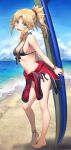  1girl anklet barefoot beach bikini black_bikini blonde_hair blue_sky braid breasts cleavage clothes_around_waist collarbone fate/apocrypha fate_(series) feet french_braid full_body green_eyes heel_up highres jacket jacket_around_waist jewelry legs long_hair looking_at_viewer mordred_(fate) mordred_(fate/apocrypha) navel open_mouth parted_bangs ponytail red_jacket revision shore sidelocks sky small_breasts smile solo surfboard swimsuit toenails toes tonee 