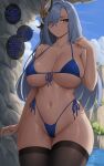  1girl alternate_costume ass_visible_through_thighs bikini black_thighhighs blue_bikini blush breasts cameltoe cleavage closed_mouth collarbone commentary cowboy_shot english_commentary english_text genshin_impact green_eyes grey_hair hair_ornament hand_up highres large_breasts long_hair looking_at_viewer navel outdoors shenhe_(genshin_impact) side-tie_bikini_bottom skindentation smile solo swimsuit thigh_gap thighhighs thighs underboob zaphn 