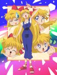 absurdres aino_minako bishoujo_senshi_sailor_moon blonde_hair bow breasts closed_eyes earrings full_body heart highres jewelry open_mouth potiri02 red_bow red_footwear retro_artstyle toes variations 