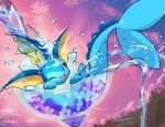  animal_focus blue_eyes cup dated drinking_glass highres no_humans one_eye_closed open_mouth pokemon pokemon_(creature) pouring purple_sky sharp_teeth sky solo teeth twitter_username vaporeon water_drop wine_glass yutano_(yutano_tantan) 