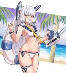  1girl adapted_turret alternate_costume arthur_ko beach bikini breasts cannon cowboy_shot day floating_headgear food_in_mouth front-tie_bikini_top front-tie_top hair_ribbon headgear highres innertube kantai_collection long_hair mouth_hold murakumo_(kancolle) murakumo_kai_ni_(kancolle) navel ocean outdoors palm_tree popsicle_in_mouth ribbon sailor_bikini sailor_collar side-tie_bikini_bottom sidelocks small_breasts solo standing swimsuit thigh_strap tree tress_ribbon very_long_hair white_bikini yellow_eyes 