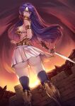  1girl armor asou_yuuko ass backboob bandana bikini_armor blue_eyes blue_hair boots breasts castle from_behind gold_armor highres holding holding_sword holding_weapon knee_boots light_frown long_hair miniskirt mugen_senshi_valis panties red_bandana red_scarf ruins scarf seed01010 shoulder_armor shoulder_pads skirt solo sword thighhighs underwear valis vambraces wall weapon white_panties 