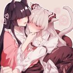  2girls ^_^ absurdres anger_vein animal_ears black_hair blush bow cat_ears cat_tail closed_eyes commentary fang frilled_sleeves frills frown fujiwara_no_mokou hair_bow hand_on_another&#039;s_chin heart highres hime_cut houraisan_kaguya long_hair long_sleeves multiple_girls one_eye_closed pants pink_shirt red_eyes red_pants red_skirt shirt simple_background skin_fang skirt smile somei_ooo spoken_anger_vein symbol-only_commentary tail touhou twitter_username very_long_hair white_background white_bow white_hair white_shirt wide_sleeves yuri 