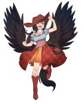  1girl bandana black_hair black_wings blue_shirt blush boots breasts brown_footwear brown_headwear brown_skirt cleavage clenched_hand cowboy_hat feathered_wings frilled_sleeves frills full_body hat highres horse_tail kurokoma_saki large_breasts long_hair nyong_nyong open_mouth pegasus_wings red_eyes shirt short_sleeves simple_background skirt smile solo tail touhou white_background white_bandana wings 