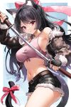  &gt;:( 1girl animal_ears belt black_gloves black_hair black_shorts breasts cat_ears cat_girl cat_tail commission fingerless_gloves frown fur-trimmed_jacket fur_trim gloves highres jacket katana large_breasts lili_mdoki long_hair long_sleeves looking_at_viewer navel off_shoulder open_clothes open_jacket original red_eyes sheath short_shorts shorts skeb_commission stomach sword tail unsheathing v-shaped_eyebrows weapon 