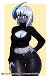  absol absurd_res anthro blush bottomwear breasts cleavage clothed clothing female generation_3_pokemon hand_on_hip hi_res nintendo pants pokemon pokemon_(species) thyhsilverfeet wide_hips 
