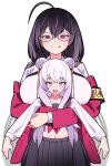  +_+ absurdres age_difference ahoge alternate_costume azur_lane bespectacled black_hair black_skirt breasts crossed_bangs double_bun fang glasses hair_bun height_difference highres jacket large_breasts le_malin_(azur_lane) looking_at_viewer midriff off-shoulder_jacket off_shoulder official_alternate_costume open_mouth pleated_skirt red_eyes red_jacket school_uniform serafuku skirt taihou_(azur_lane) taihou_(sweet_time_after_school)_(azur_lane) tongue tongue_out tsunderemaids white_hair yellow_armband 