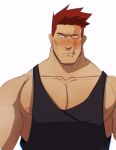  1boy absurdres bara beard beard_stubble black_tank_top blush boku_no_hero_academia endeavor_(boku_no_hero_academia) facial_hair highres large_pectorals looking_down male_focus mature_male muscular muscular_male nipples pectoral_cleavage pectorals scar scar_across_eye short_hair shy sideburns sidepec solo spiked_hair stormcallart stubble tank_top thick_eyebrows upper_body v-shaped_eyes 