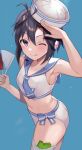  1girl :p antenna_hair armpits bikini black_eyes black_hair blue_background blue_bow blue_necktie blue_sailor_collar bow bow_bikini breasts bridal_garter brown_eyes closed_mouth commentary crop_top flag from_above from_side hair_between_eyes hat headphones headset highres holding holding_flag idolmaster idolmaster_(classic) kikuchi_makoto light_particles looking_at_viewer looking_to_the_side looking_up midriff monemonenemone navel necktie one_eye_closed sailor_bikini sailor_collar sailor_hat sailor_swimsuit_(idolmaster) salute shirt short_hair simple_background sleeveless sleeveless_shirt small_breasts smile solo standing striped striped_bow swimsuit tongue tongue_out white_shirt 