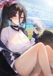  1girl :o absurdres black_choker black_hair black_wings blue_archive blue_jacket blush bottle breasts choker feathered_wings gym_shirt gym_shorts gym_uniform hair_between_eyes halo hasumi_(blue_archive) hasumi_(track)_(blue_archive) highres holding holding_bottle jacket large_breasts large_wings long_hair looking_at_viewer low_wings mole mole_under_eye official_alternate_costume partially_unzipped ponytail red_eyes shirt shorts solo sweat tansuan_(ensj3875) thighs track_jacket water_bottle wet white_shirt wings 