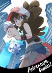  1girl baseball_cap black_vest blue_eyes blue_shorts brown_hair building castelia_city casteliacone closed_mouth cutoffs food food_on_face hair_between_eyes hat highres hilda_(pokemon) holding holding_food holding_ice_cream holding_ice_cream_cone ice_cream long_hair looking_at_viewer open_clothes open_vest pink_headwear pokemon pokemon_(creature) pokemon_(game) pokemon_bw ponytail rascal short_shorts shorts sidelocks skyscraper smile solo tongue tongue_out two-tone_headwear vanillite vest white_headwear 