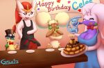  anthro apron apron_only birthday birthday_cake blue_body breasts brown_body cake celes_(celes_the_whim) cinderace clothing dessert female food galv3z_(artist) generation_1_pokemon generation_2_pokemon generation_5_pokemon generation_6_pokemon generation_8_pokemon goodra group hazby_o&#039;neil legendary_pokemon male mew_(pokemon) nintendo pokemon pokemon_(species) quilava scarf shiny_pokemon shirt tail topwear whimsicott white_body yellow_body 