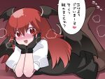  1girl bat_wings black_dress black_gloves blush commentary_request dress gloves hammer_(sunset_beach) head_rest head_wings heart heavy_breathing koakuma long_hair looking_at_viewer lying on_stomach open_mouth pantyhose puffy_sleeves red_eyes red_hair smile solo touhou translation_request wings 