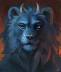  2022 absurd_res anthro artist_name blue_body blue_eyes blue_fur detailed digital_media_(artwork) digital_painting_(artwork) exec_thunderhorn felid fluffy fluffy_ears fur hair hi_res horn lion looking_at_viewer lutti male mammal mane mouth_closed orange_background pantherine portrait shaded signature simple_background sketch smile solo tuft watermark whiskers 