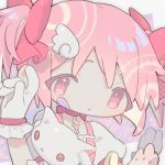  1girl 1other :3 absurdres bandaid bandaid_on_face bow center_frills chibi choker dot_nose frills gloves hair_bow hands_up highres kaname_madoka kyubey looking_at_viewer mahou_shoujo_madoka_magica parted_lips pink_eyes pink_hair puffy_short_sleeves puffy_sleeves red_bow red_eyes red_ribbon ribbon ribbon_choker short_sleeves short_twintails solo_focus soul_gem sparkling_eyes tendoshi twintails twitter_username white_fur white_gloves wing_hair_ornament 