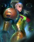  1girl alien arm_cannon armor blonde_hair blue_eyes clip_studio_paint_(medium) english_commentary floating highres lips looking_at_viewer mecha metroid metroid_(classic) metroid_(creature) ponytail portrait power_armor robot samus_aran science_fiction sebijy1 signature sketch starry_background super_metroid weapon 