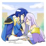  1boy 1girl bare_shoulders blue_cape blue_eyes breasts brother_and_sister cape circlet closed_eyes commentary_request fire_emblem fire_emblem:_genealogy_of_the_holy_war gloves headband holding holding_hands implied_incest jewelry julia_(fire_emblem) leaning_forward long_hair open_mouth outdoors ponytail purple_cape purple_hair seliph_(fire_emblem) siblings white_gloves white_headband yukia_(firstaid0) 
