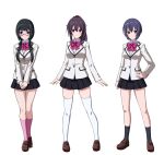  3girls absurdres aqua_eyes arms_at_sides black_hair blue_hair brown_hair commentary_request commission full_body hand_on_own_hip highres loafers long_hair looking_at_viewer multiple_girls original own_hands_together ponytail purple_eyes ribbon ribimura school_uniform semi-rimless_eyewear shoes short_hair skirt smile standing thighhighs under-rim_eyewear white_background 