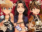  3boys baji_keisuke black_hair black_shirt blonde_hair blue_eyes blue_jacket brown_jacket chain_necklace chinese_clothes collared_shirt earrings hair_over_one_eye hand_fan hand_up hands_up hanemiya_kazutora holding holding_fan jacket jewelry long_hair long_sleeves looking_at_viewer male_focus matsuno_chifuyu middle_finger mole mole_under_eye multicolored_hair multiple_boys neck_tattoo necklace open_clothes open_jacket open_mouth ponytail red_background red_eyes shirt short_hair single_earring smile tattoo tokyo_revengers tonshi two-tone_hair undercut upper_body yellow_eyes 