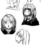  1girl blood blush collar constricted_pupils cropped_shoulders crying crying_with_eyes_open ear_piercing expressionless expressions greyscale hair_down hood hoodie jirai_kei kuaru_(okamokomon) long_hair looking_at_viewer mask mask_pull monochrome mouth_mask multiple_views nosebleed open_mouth original piercing saliva simple_background sketch surgical_mask surprised tears two_side_up 